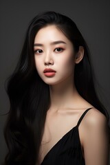 Naklejka premium Young asian beauty woman model long hair with korean makeup style on face and perfect skin on isolated monochromatic background. generative AI