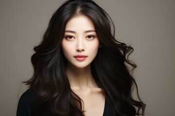 Young asian beauty woman model long hair with korean makeup style on face and perfect skin on isolated monochromatic background. generative AI