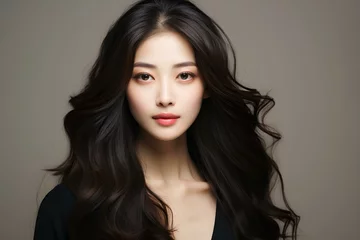 Fotobehang Young asian beauty woman model long hair with korean makeup style on face and perfect skin on isolated monochromatic background. generative AI © 영준 서