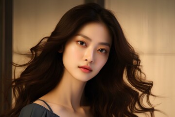 Naklejka premium Young asian beauty woman model long hair with korean makeup style on face and perfect skin on isolated monochromatic background. generative AI