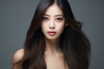 Fototapeta premium Young asian beauty woman model long hair with korean makeup style on face and perfect skin on isolated monochromatic background. generative AI