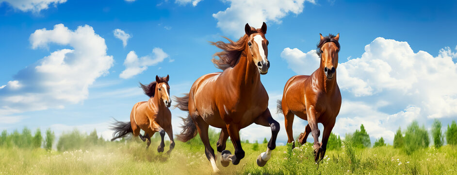 Group of young horses on the pasture againt blue sky