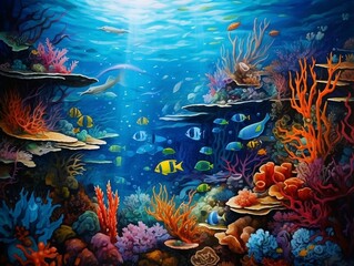 Obraz na płótnie Canvas Wall art depicting a breathtaking underwater world teeming with majestic sea turtles and marine life generative ai
