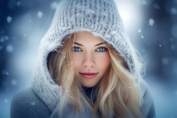 Portrait of a beautiful fictional blonde woman wearing winter clothes in the snow. Generative AI.