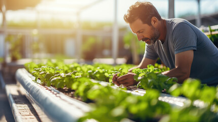 Male farmer checking quality of green lettuce plants growing in hydroponic greenhouse. - obrazy, fototapety, plakaty