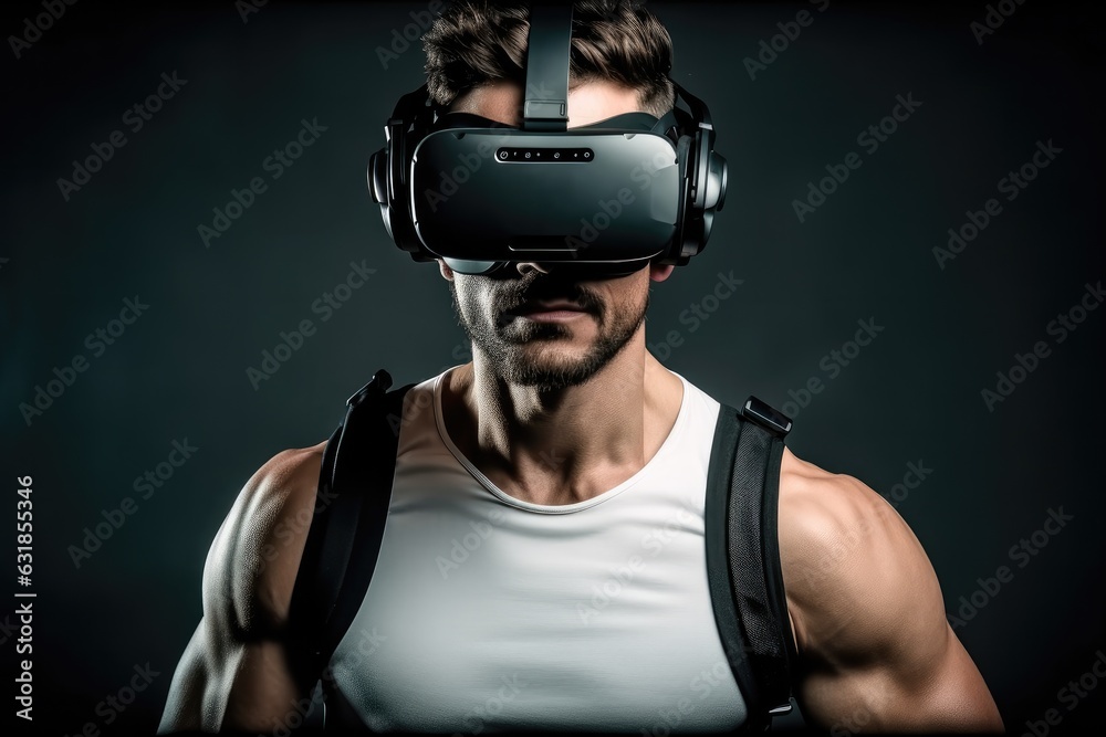 Poster studio shot of a man wearing a vr device, virtual reality, technology simulation concept.