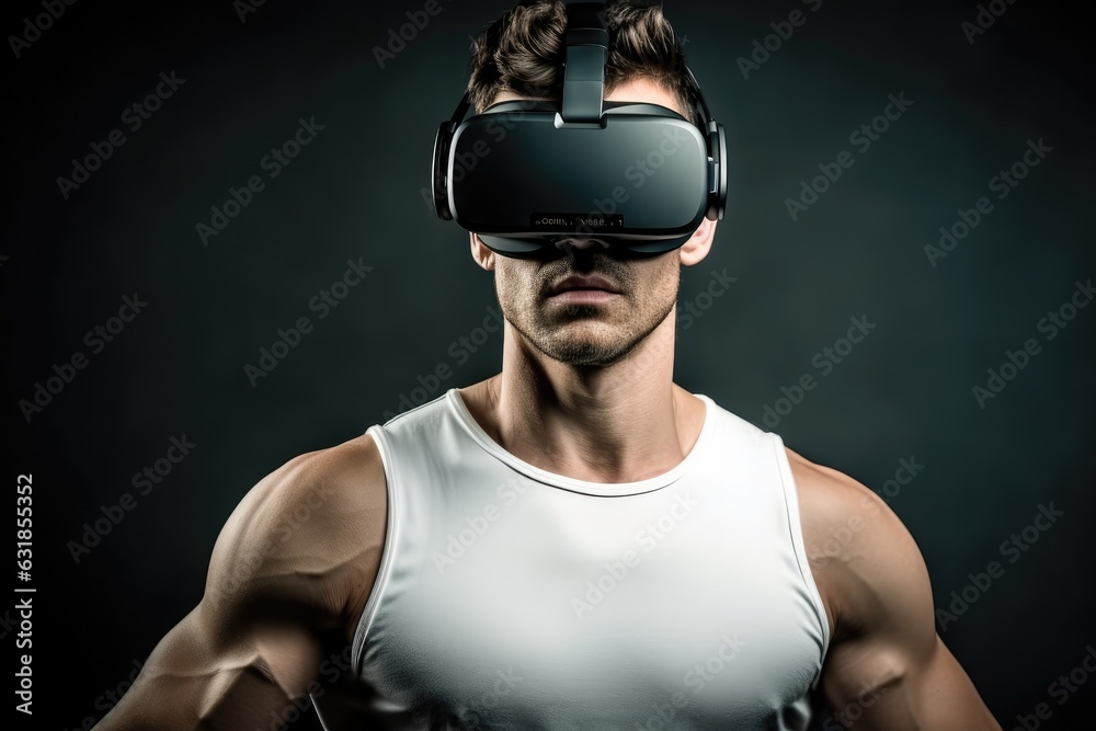 Poster studio shot of a man wearing a vr device, virtual reality, technology simulation concept.