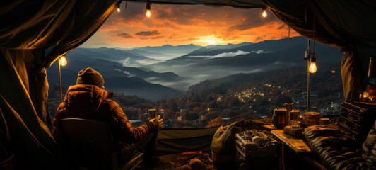 view from tent Young man in his camper observing a good view of a mountain, photograpy, photorealistic, ultrarealistic generative ai - obrazy, fototapety, plakaty