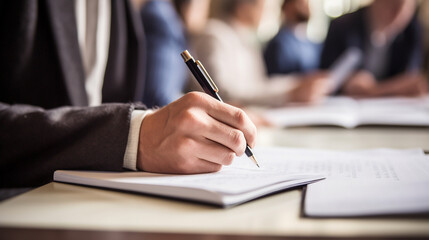 Close-up of a participant taking notes during a workshop, Church Conference, banner Generative AI