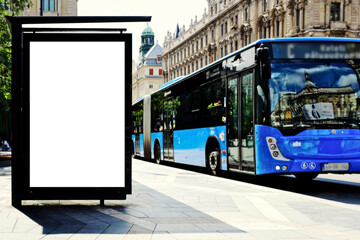 bus shelter with blank ad panel. billboard display. empty white lightbox sign at bus stop....