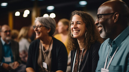 Candid shots of attendees sharing stories and experiences, Church Conference, banner Generative AI