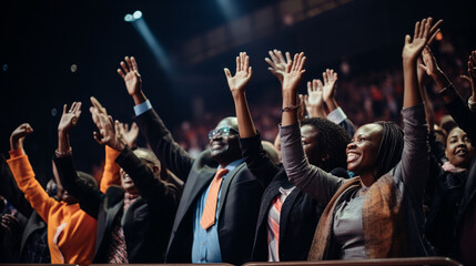 Attendees worshipping together with uplifted hands, Church Conference, banner Generative AI