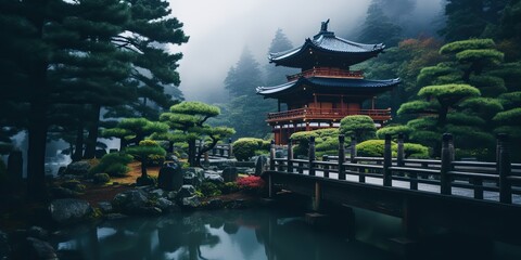Obraz premium AI Generated. AI Generative. Traditional history asian Japanese Chinese temple building tower garden nature outdoor background. Vacation trip travel culture