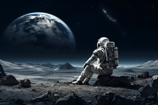 Astronauton the moon, in style of photo-realistic landscapes 