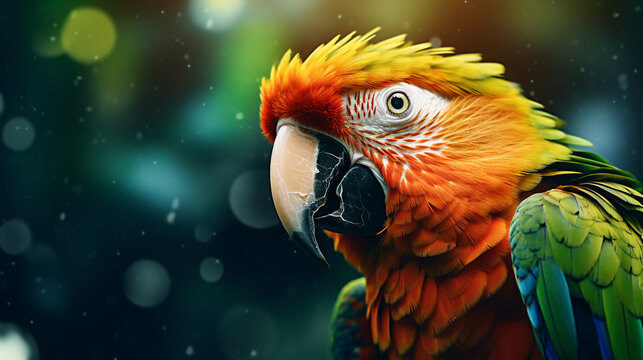 Colorful portrait of Amazon red macaw parrot against jungle. Side view of wild ara parrot head on green background. Wildlife and rainforest exotic tropical birds as popular pet breeds