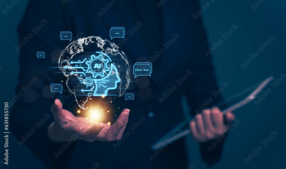 Poster chatbot chat with ai artificial intelligence. concept of using ai technology to help work in order t