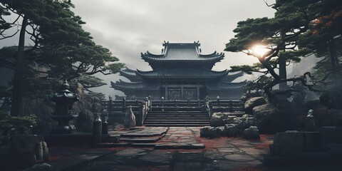 Fototapeta premium AI Generated. AI Generative. Traditional history asian Japanese Chinese temple building tower garden nature outdoor background. Graphic Art