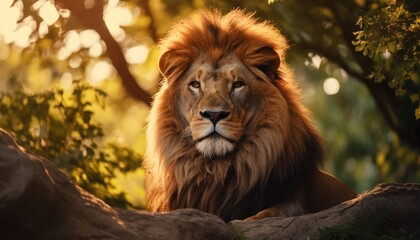 Photo of a majestic lion resting on a vibrant green forest