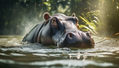 Photo of a hippopotamus swimming in water