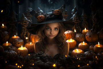 Fototapeta na wymiar illustration of beautiful witch surrounded of Halloween Jack-o'-lanterns (carved pumpkins).