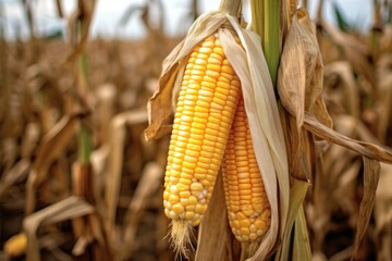 Yellow corn in field, Organic corncob.