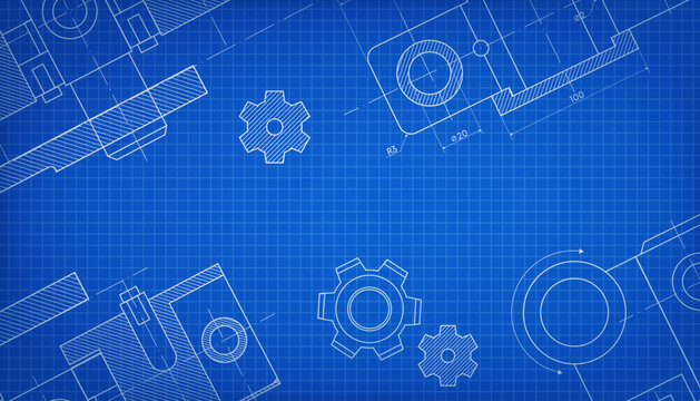 Technical drawing on a gradient background. Abstract schemes, drawings, technologies, machines. Mechanical Engineering drawing. Vector