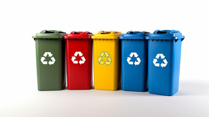 photograph of Yellow, Green, Blue and Red recycle bins with recycle symbol isolated on white background generative ai