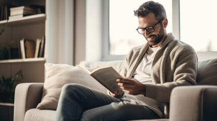 Handsome man reading a book at home.Created with Generative AI technology.