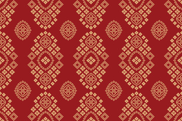 Ethnic geometric fabric pattern Cross Stitch.Ikat embroidery Ethnic oriental Pixel pattern red background. Abstract,vector,illustration. Texture,clothing,frame,decoration,motifs,silk wallpaper.