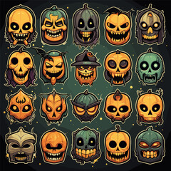 set of jack o'lantern, skull, witch, halloween ornament icon and sticker