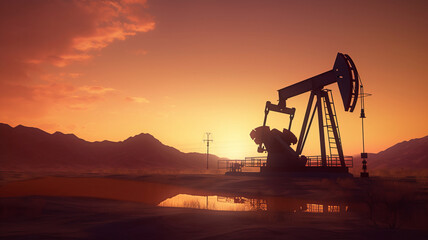 photograph of Silhouette of Crude oil pumpjack rig on desert silhouette in evening sunset, energy industrial machine for petroleum gas production. wide angle lens realistic sunset lighting,generative  - obrazy, fototapety, plakaty