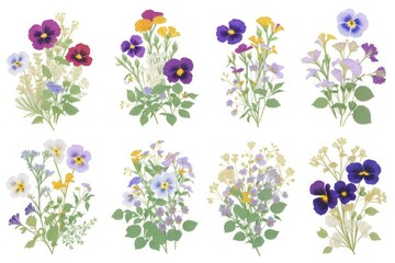 Dried flowers of pansies and wildflowers in bouquets isolated on a white background. Stylized Dried summer flowers herbarium, top view. 