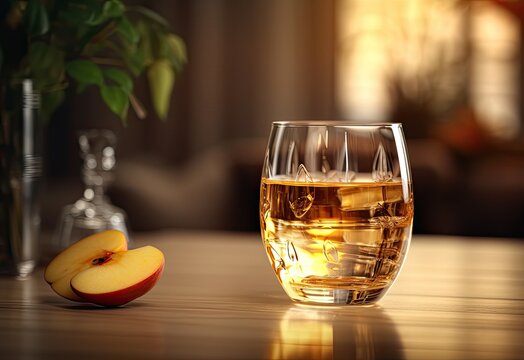 Apple juice in elegant glass on table with blurred background