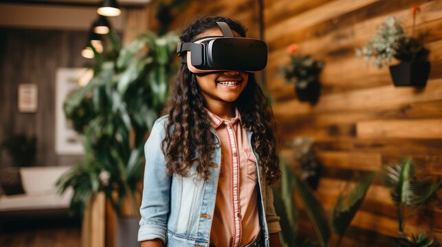Child in virtual reality glasses, virtual reality in education , metaverse, Generative AI