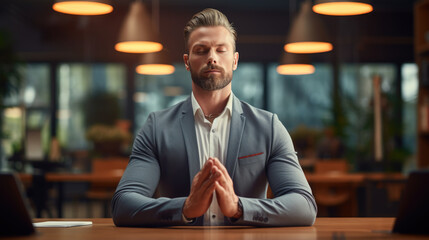 Young businessman does yoga at work in the office. Created with Generative AI technology.