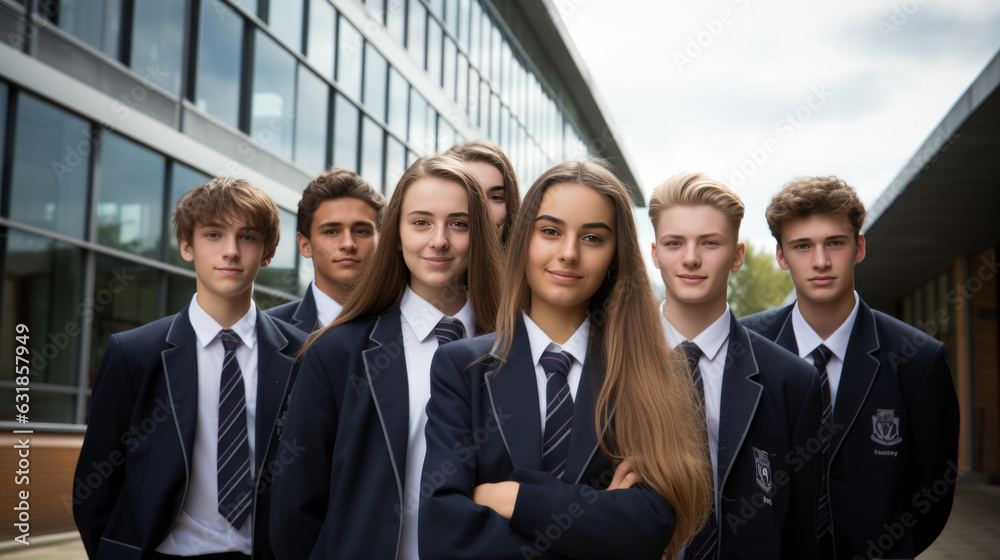Fototapete group of private school students stand outside in uniform in front of the school building. created w