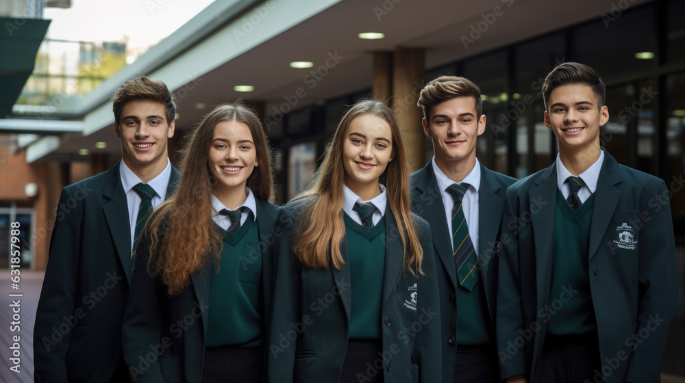 Fototapete Group of private school students stand outside in uniform in front of the school building. Created with Generative AI technology.