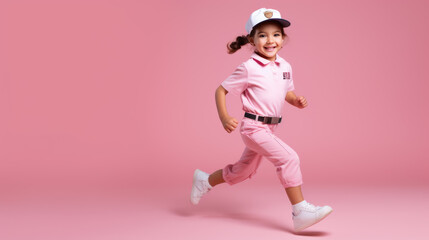 Fototapeta na wymiar A little girl is running against a pink background. Created with Generative AI technology.