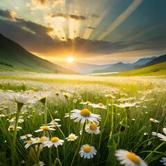 sunrise in the mountains and chamomile flower field