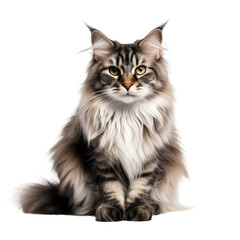 Obraz premium Cute long haired female cat with unique markings, hanging over a white table and looking at the camera. Captured on a transparent backround with selective focus.