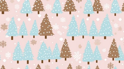 Christmas trees seamless pattern in the style of light brown and sky-blue on pink background