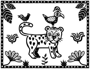 Jaguar, with birds in a forest setting. Woodcut style and cordel literature