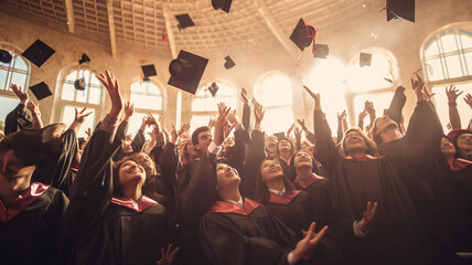 photograph of Graduate are celebrating graduation Throwing hands up a certificate and Cap in the air. wide angle lens realistic natural lighting