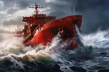 Foto auf Acrylglas Schiffswrack A cargo or fishing ship is caught in a severe storm. Ship at sea on big waves. The threat of shipwreck. Element in the ocean. The hard work of a sailor.
