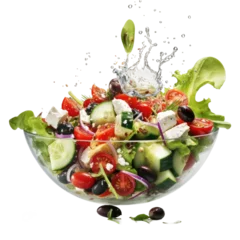 Poster Fresh Greek salad ingredients dropping into bowl on transparent surface. © AkuAku