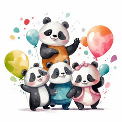 Naklejka premium Cute pandas watercolor illustration on white background. Generative AI