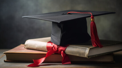 photograph of A mortarboard and graduation scroll, tied with red ribbon, on a stack of old battered book with empty space to the left. telephoto lens realistic natural lighting