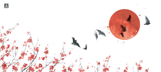 Sakura tree in bloom, big red sun and flock of birds in the sky. Traditional oriental ink painting sumi-e, u-sin, go-hua. Translation of hieroglyph - sakura bloom - obrazy, fototapety, plakaty