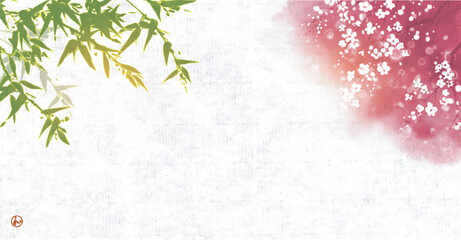 Bamboo and sakura blossom on rice paper background. Traditional oriental ink painting sumi-e, u-sin, go-hua. Translation of hieroglyph - harmony - obrazy, fototapety, plakaty