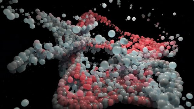 Stream of many red and blue balls generate in space, spherical particles appear and move dynamically, many organic balls floating.